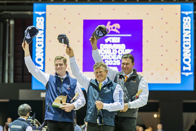 Boyd Exell, Dries Degrieck and Koos de Ronde on the podium in Bordeaux, February 2025